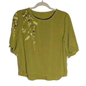 Embroidered Crop Top Blouse Sz M Green Floral Lace Short Sleeves Boho *TAG*